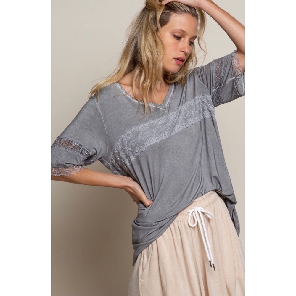 POL Mystic Grey V Neck Lace Trimmed Rayon Jersey Tee - Picture 7 of 7
